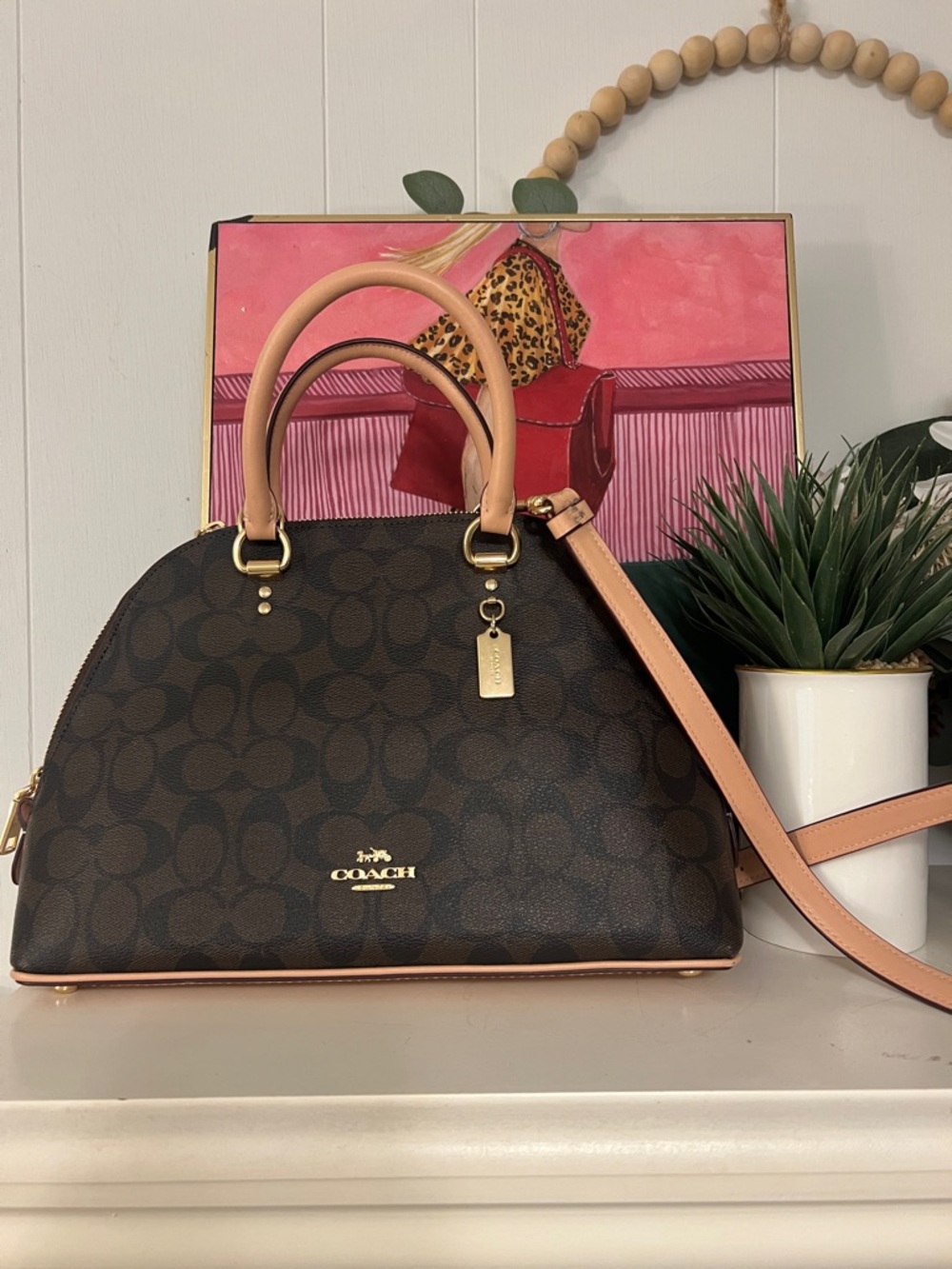 COACH 2558 KATY SATCHEL IN SIGNATURE CANVAS GOLD/BROWN SHELL PINK